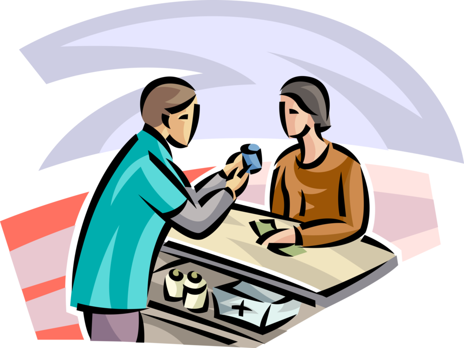 Vector Illustration of Pharmacist Fills Customer Prescription with Bottle of Prescription Medicine