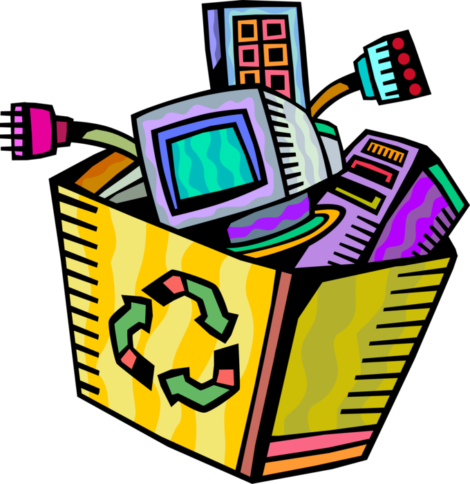 Vector Illustration of Obsolete Computer Equipment in E-Waste Electronics Recycle Bin for Recycling