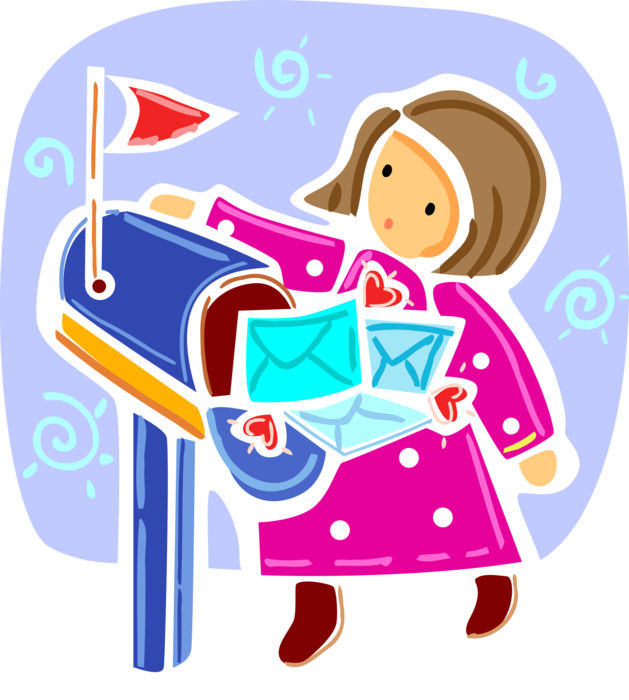 Vector Illustration of Lucky Girl with Overflowing Letter Box or Mailbox Receptacle for Incoming Mail with Love Letters