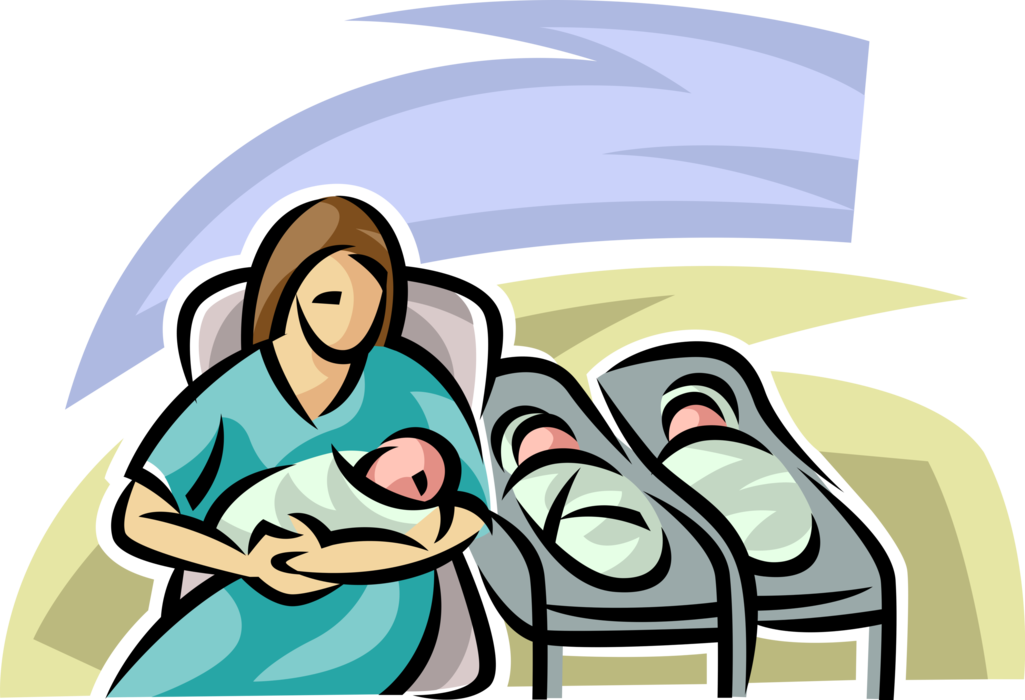Vector Illustration of Hospital Maternity Ward Nurse Rocks Newborn Infant Baby to Sleep