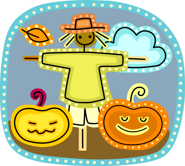 Vector Illustration of Scarecrow to Frighten Crows or Birds Away from Crops with Halloween Pumpkin Carved Jack-o'-Lanterns