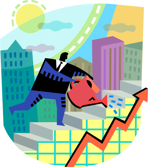 Vector Illustration of Nurturing Businessman Assists Corporate Sales Revenue Growth and Success with Watering Can