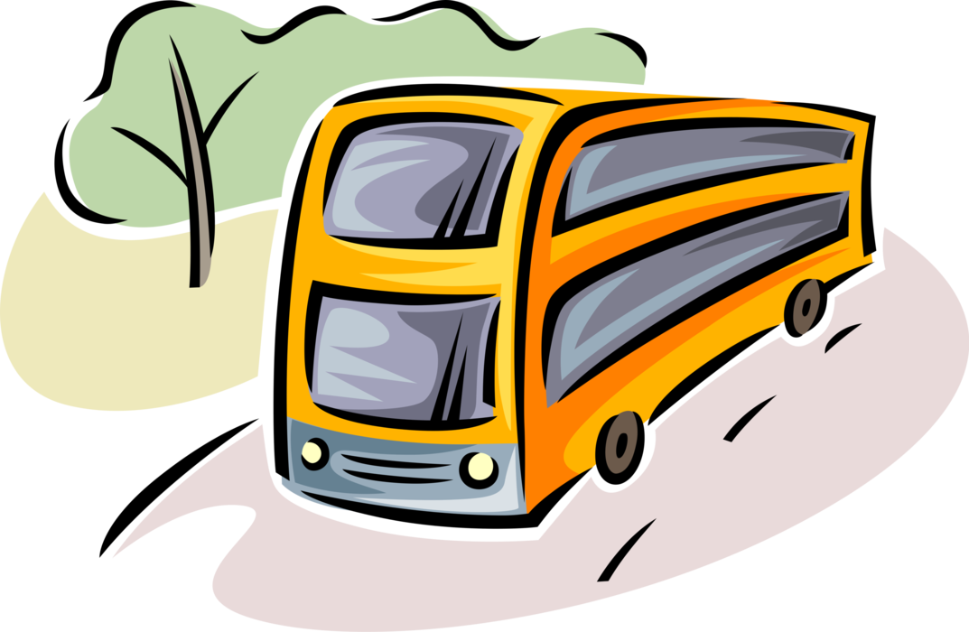 Vector Illustration of Intercity Passenger Tour Bus Motor Vehicle Travels on Highway