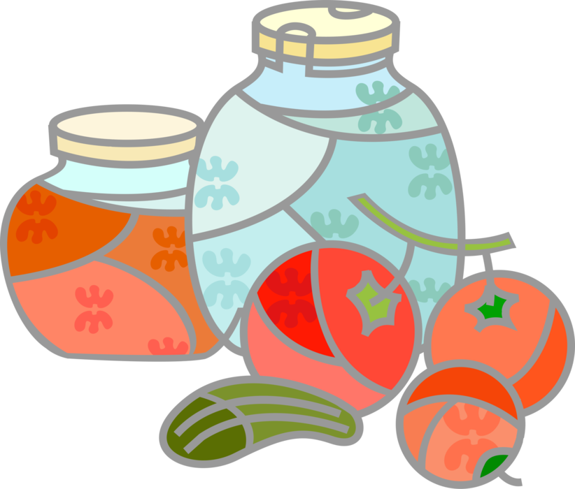 Vector Illustration of Homemade Vegetable Preserves Tomatoes and Dill Pickles in Jars