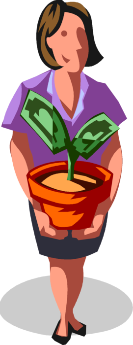 Vector Illustration of Businesswoman Grows Money Tree with Dollar Cash Potted Plant