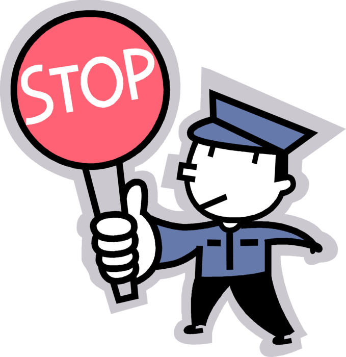 Vector Illustration of School Crossing Guard Stops Automobile Traffic at Crosswalk with Stop Sign