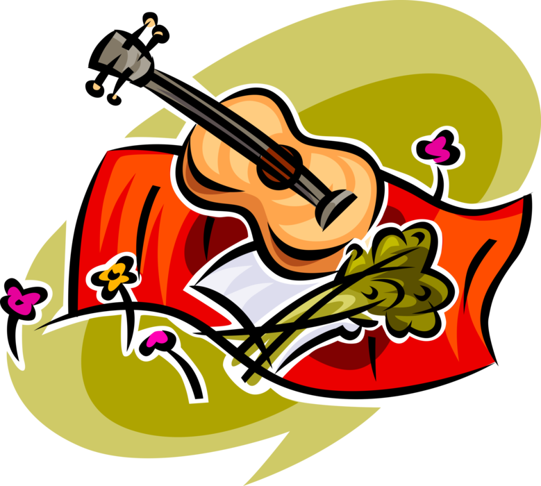 Vector Illustration of Acoustic Guitar, Blanket and Flowers