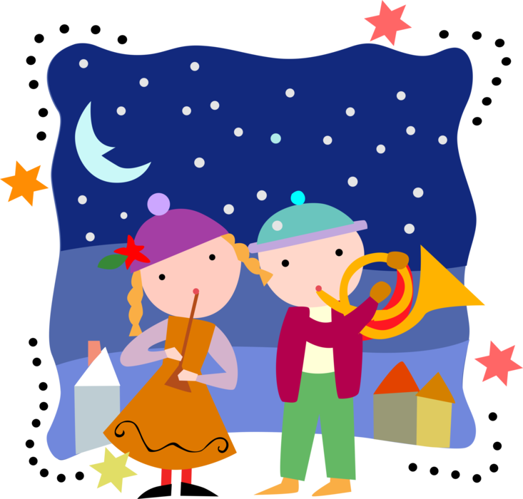 Vector Illustration of Children Play Musical Instruments Outdoors on Christmas Day