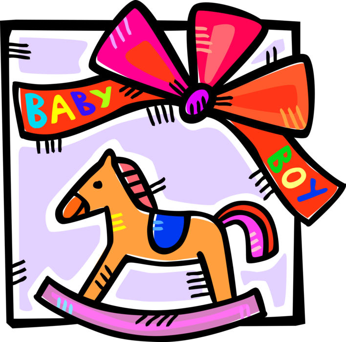 Vector Illustration of Child's Rocking Horse Toy for Baby Boy with Ribbon Bow