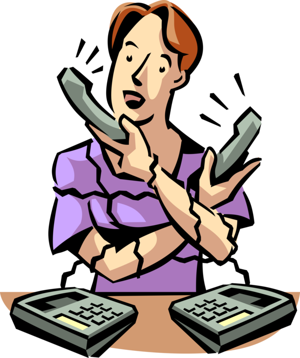 Vector Illustration of Multitasking Businesswoman Fields Multiple Conversations at Once on Office Telephone Phones