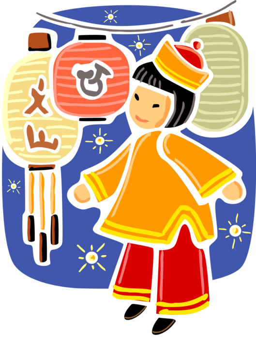 Vector Illustration of Child Celebrating Chinese New Year Celebration with Chinese Lanterns