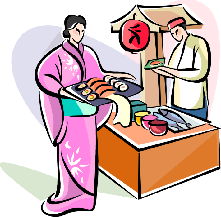 Vector Illustration of Japanese Geisha Girl with Tray of Sushi