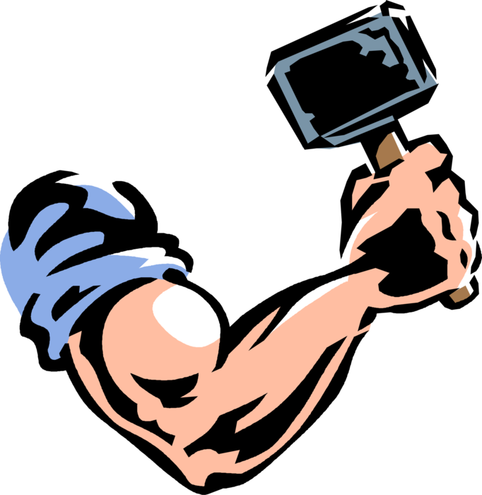 Vector Illustration of Muscular Arm and Hammer Symbol of Power and Strength
