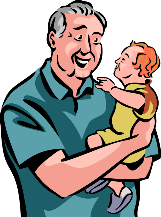 Vector Illustration of Retired Elderly Senior Citizen Grandfather Carries Infant Granddaughter