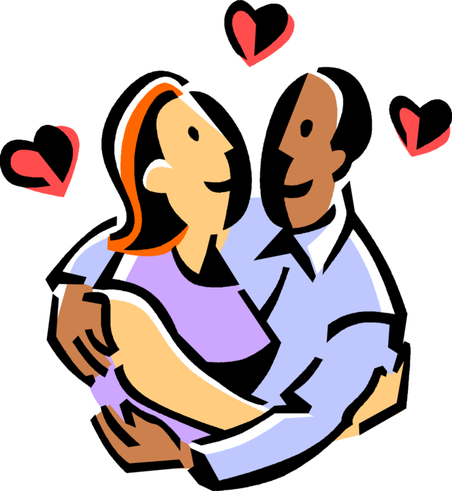 Vector Illustration of Romantic Loving Couple Hug and Embrace with Love Hearts