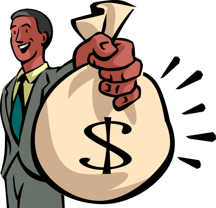 Vector Illustration of Well to Do Successful Businessman with Bag of Cash Money Dollars