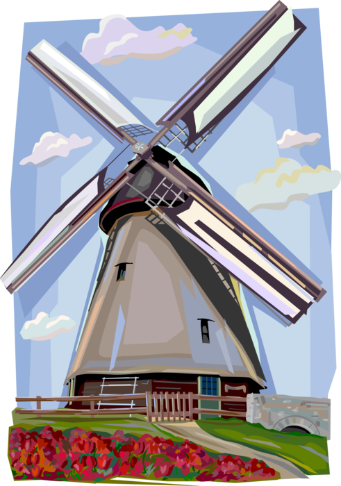 Vector Illustration of Windmill Grinds Wheat Cereal Grain Crop into Milled Flour in Sacks
