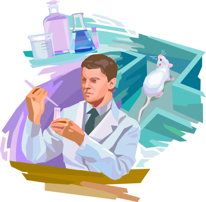 Vector Illustration of Pharmaceutical Industry Laboratory Research, Product Development and Animal Testing with Mouse