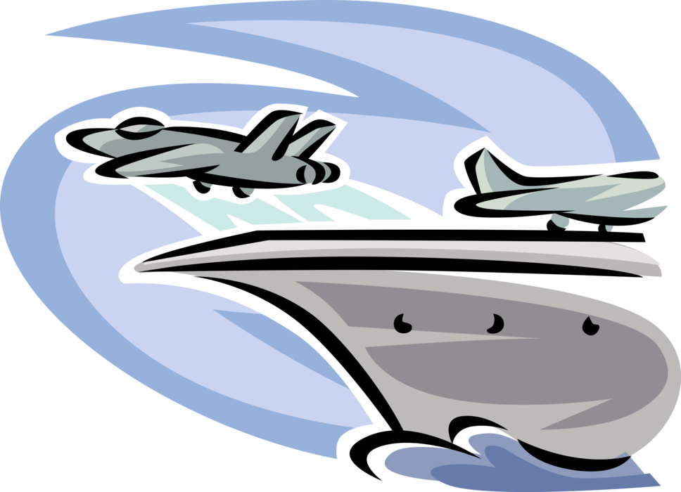 Vector Illustration of United States Air Force Fighter Jets Take Off from Aircraft Carrier Seagoing Airbase Warship