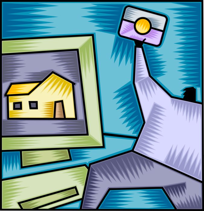 Vector Illustration of Businessman Purchases Real Estate via Online Internet with Credit Card Issued as Method of Payment 