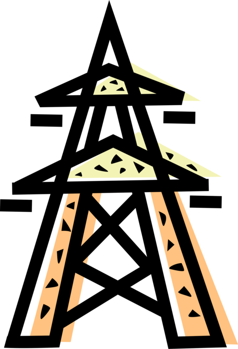 Vector Illustration of Transmission Tower Carries Electrical Power Lines to Distribute Electricity