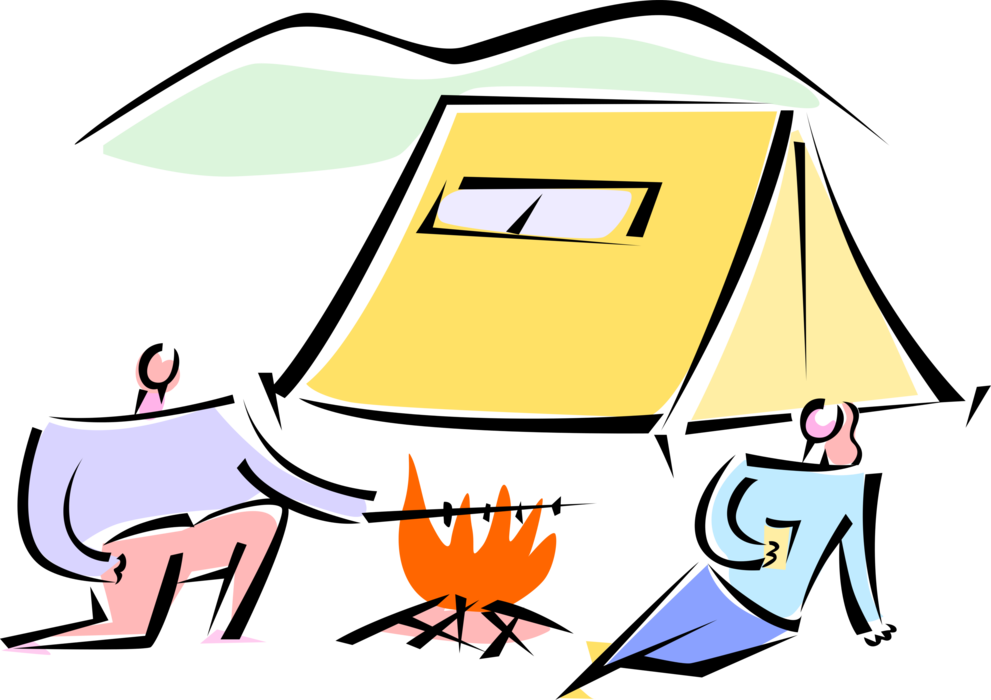 Vector Illustration of Outdoor Recreational Activity Campers Enjoy Campfire at Campground Camping Site with Pup-Tent Shelter