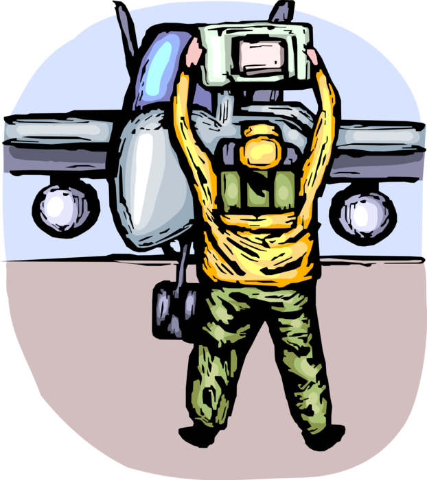 Vector Illustration of United States Navy Aircraft Carrier Air Operation Flight Deck Crew Signal Fighter Pilot for Take Off
