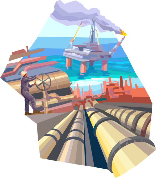 Vector Illustration of Offshore Petroleum Fossil Fuel Oil Rig Drilling Platform with Derrick, Cranes, and Distribution Pipelines