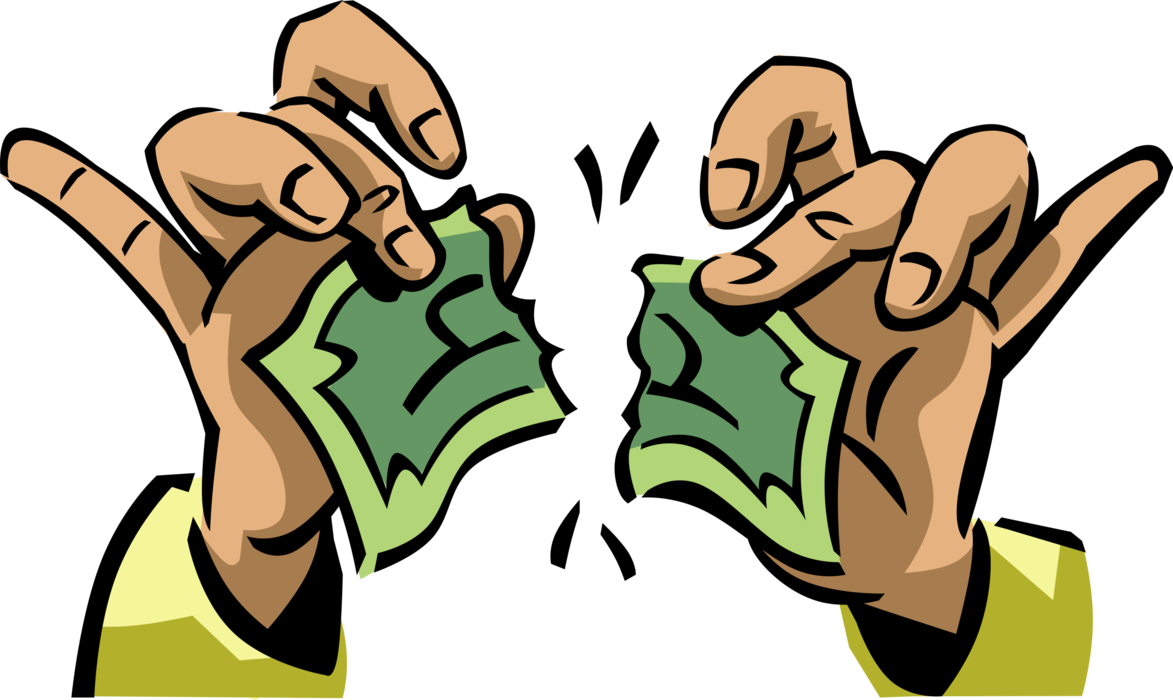 Vector Illustration of Hands Tear Up Cash Dollar Bill Paper Money Monetary Currency of the United States