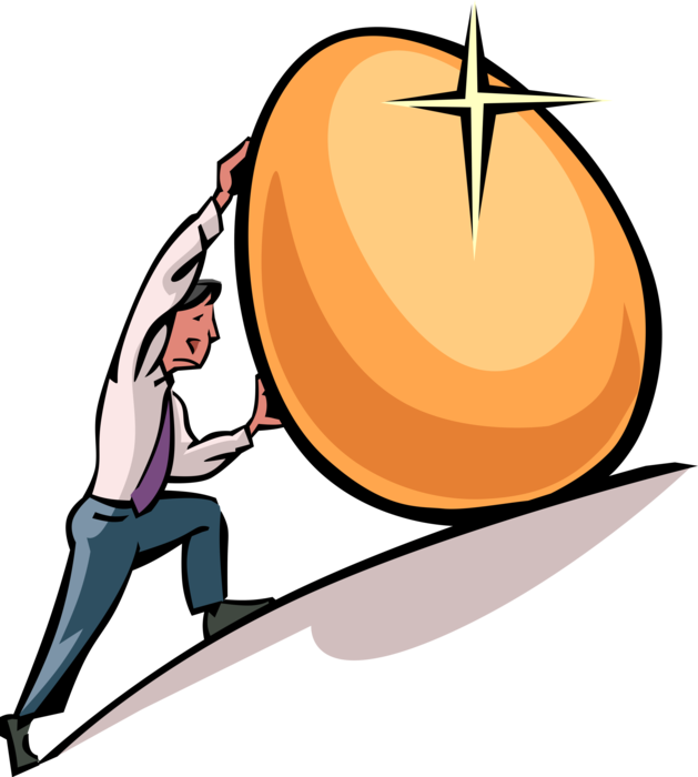 Vector Illustration of Businessman Works Hard to Roll Golden Nest Egg Uphill for Investments and Savings