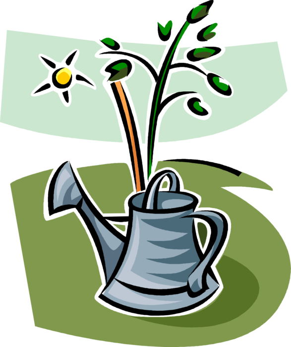 Vector Illustration of Gardening Watering Can with Sapling Tree in Garden