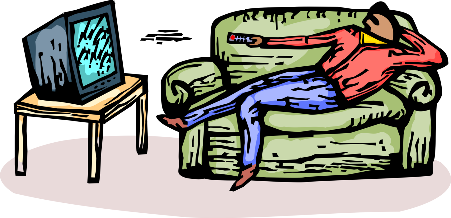 Vector Illustration of Couch Potato Relaxes on Sofa Couch Watching Television TV Set with Remote Control