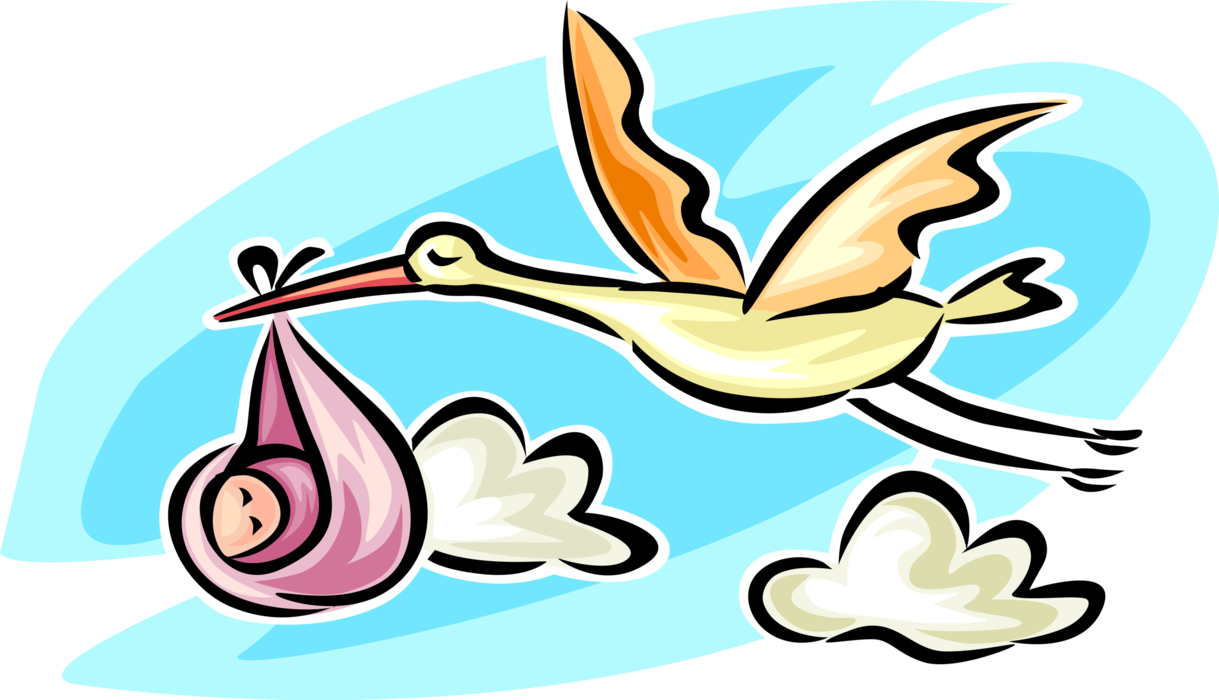 Vector Illustration of Stork Bird Delivers Newborn Infant Baby