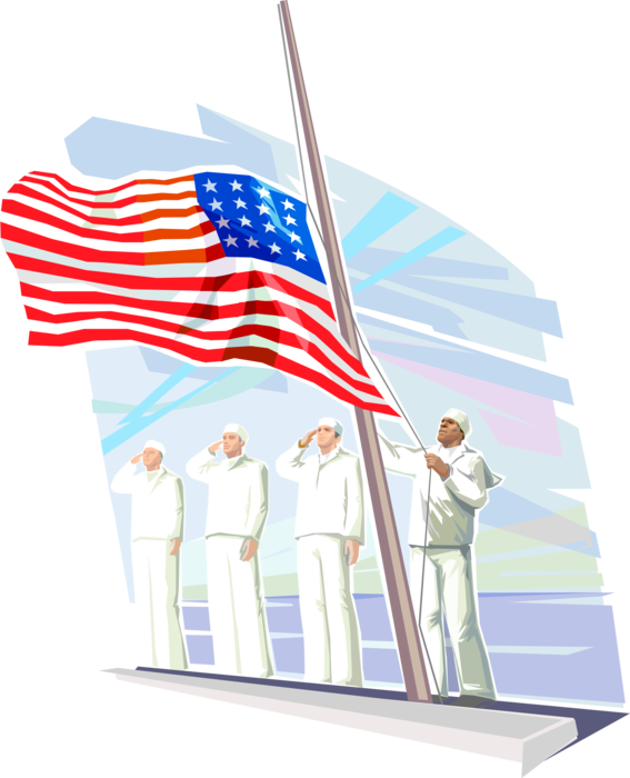 Vector Illustration of United States Navy Soldiers in Flag Raising Ceremony Onboard Naval Warship