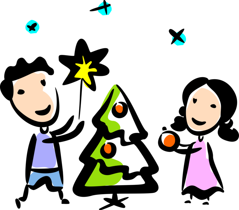 Vector Illustration of Brother and Sister Decorate Evergreen Christmas Tree with Ornament Decorations