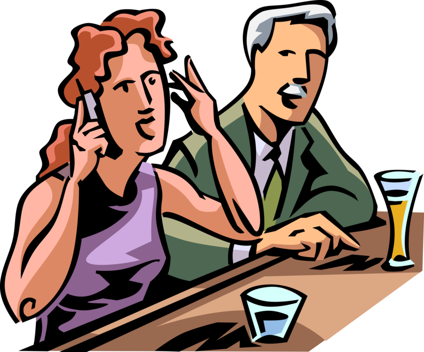 Vector Illustration of Male at Tavern Bar Runs Out of Luck with Chatterbox Woman in Conversation on Mobile Smartphone Phone