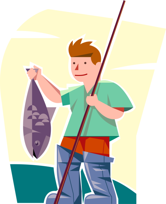 Vector Illustration of Young Adolescent Boy Fisherman Angler Proudly Displays Fish Catch with Fishing Pole
