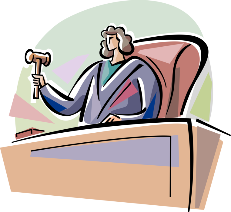 Vector Illustration of Judicial Law Court Judge Makes Ruling from Courtroom Bench and Pounds Gavel Mallet for Order