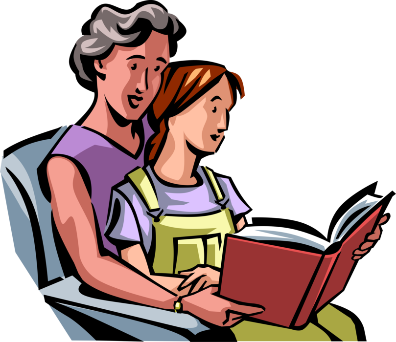 Vector Illustration of Senior Citizen Grandmother Reads Book to Granddaughter