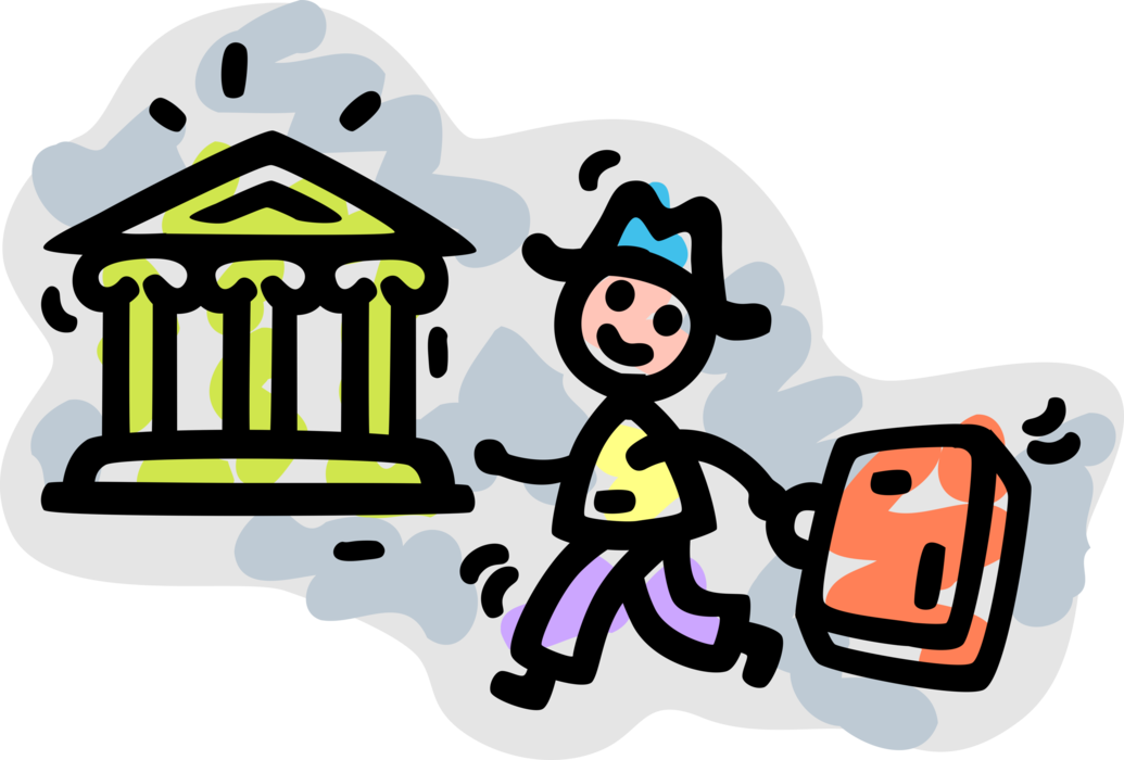 Vector Illustration of Businessman Makes Large Deposit at Financial Institution Bank with Classical Column Architecture