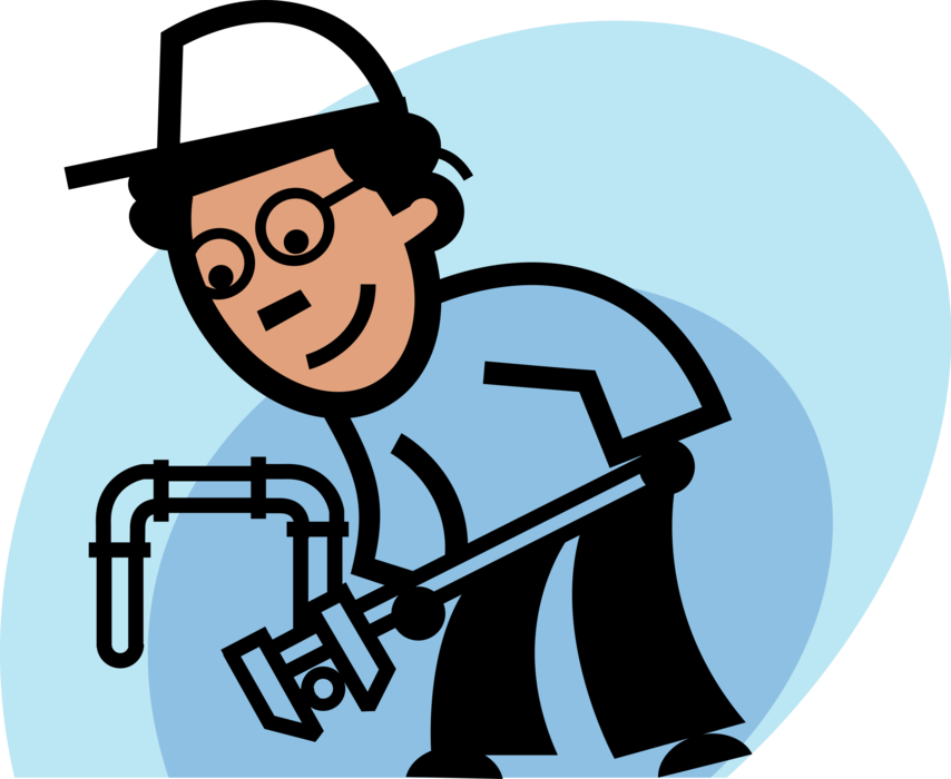 Vector Illustration of African American Plumber Tightens Plumbing Bolt with Wrench