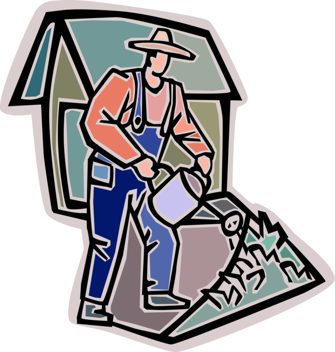 Vector Illustration of Gardener Farmer Waters Plants in Garden with Watering Can