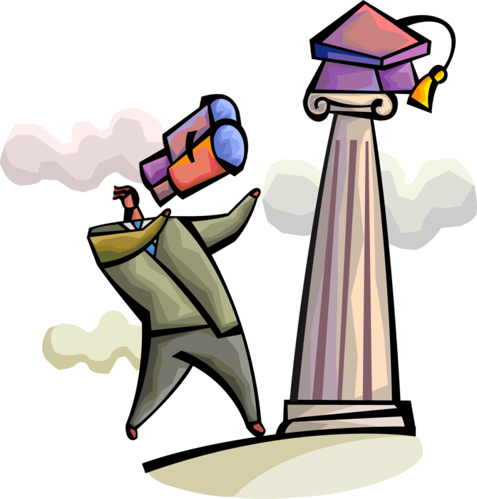 Vector Illustration of Businessman Capitalizes on Higher Education Degree with Mortarboard Cap on Column Pedestal