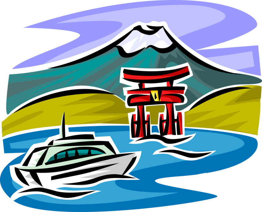 Vector Illustration of Tourism Tour Boat and Japanese Torii Temple Gate and Mount Fuji