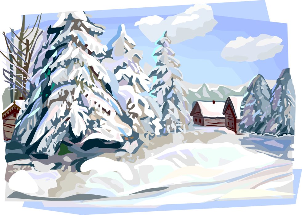 Vector Illustration of Russian Winter Nature Scene with Cabins Covered in Snow