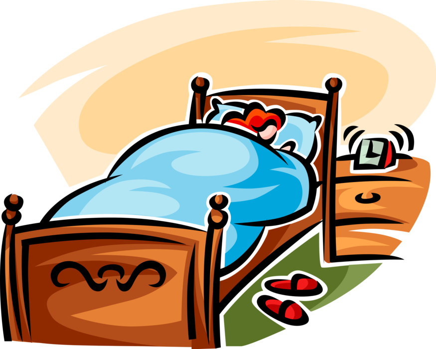 Vector Illustration of Sleeping in Bed with Alarm Clock Ringing Wake Up