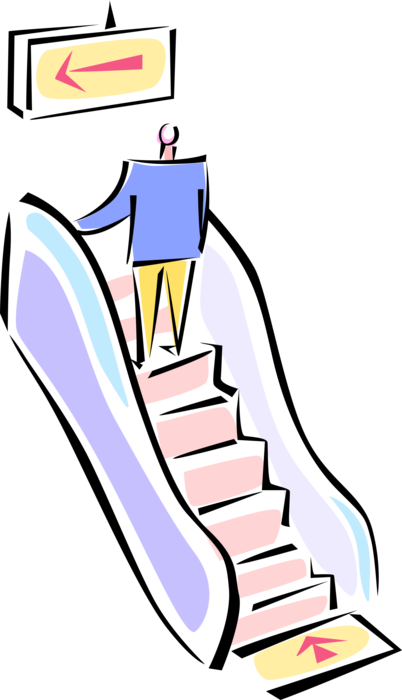 Vector Illustration of Businessman Goes Up Escalator Conveyor Moving Staircase