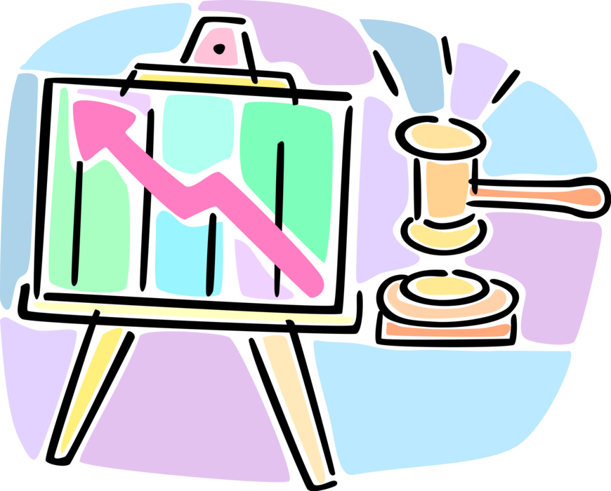 Vector Illustration of Auction House Presentation Chart with Growth Arrow and Gavel