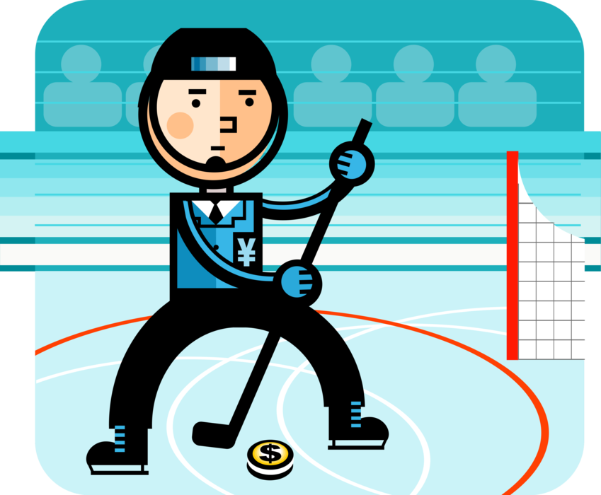 Vector Illustration of Businessman Ice Hockey Player with Hockey Stick Shoots Financial Money Dollar Puck