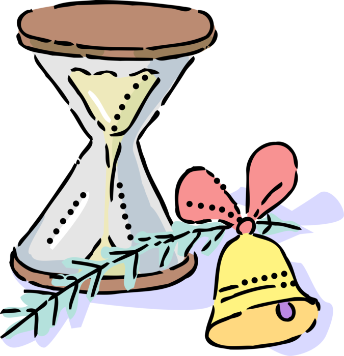 Vector Illustration of Hourglass or Sandglass, Sand Timer, or Sand Clock Measures Passage of Time with Christmas Bell